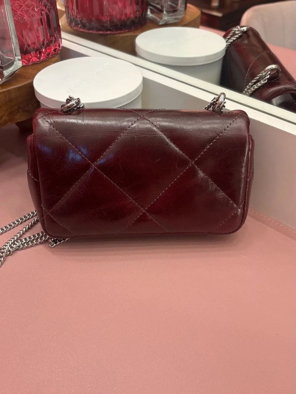 Tory Burch Kira Diamond Quilt Distressed Mini Flap Bag in dark carmine